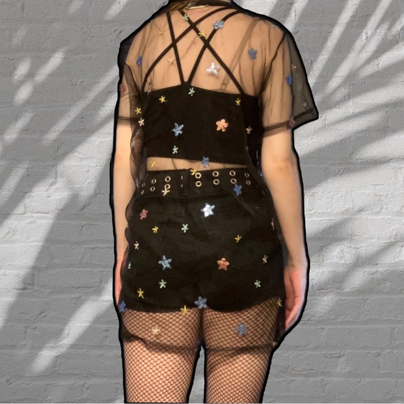 NEW BEAUTIFUL RARE CELESTIAL STAR EMBROIDERY BLACK MESH DRESS - Picture 8 of 15